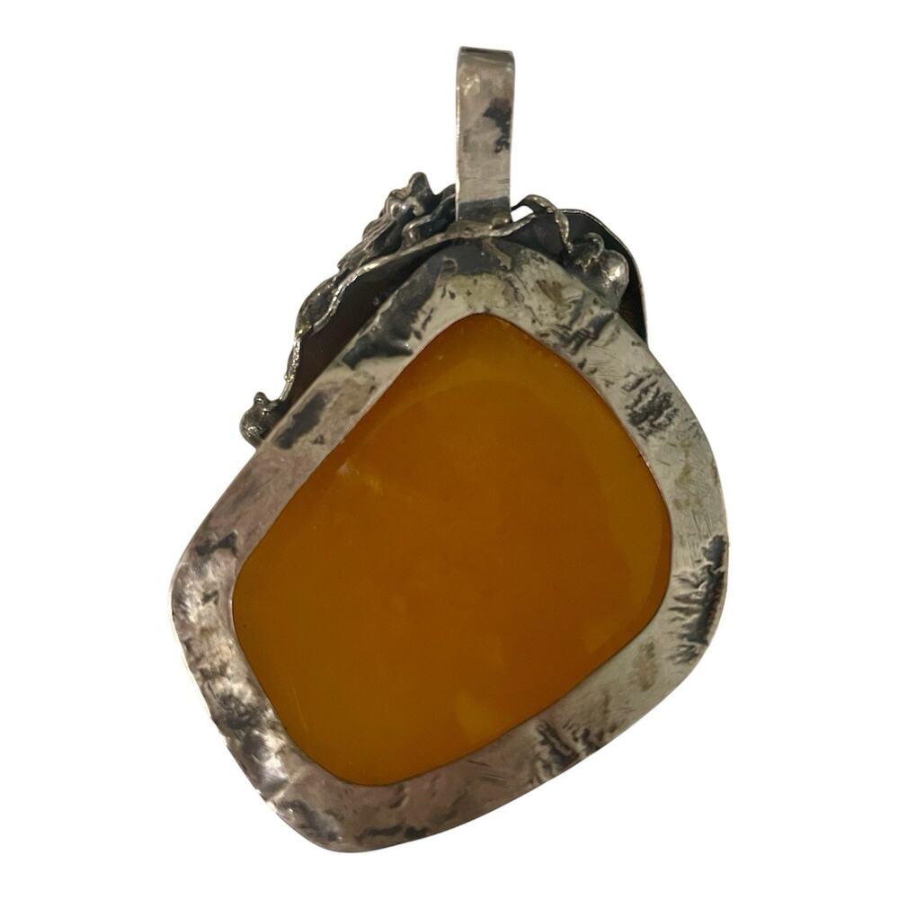 Vintage Baltic Amber Artisan Pendant Sterling Silver Frame Floral Leaf Motif 2” - Picture 2 of 8